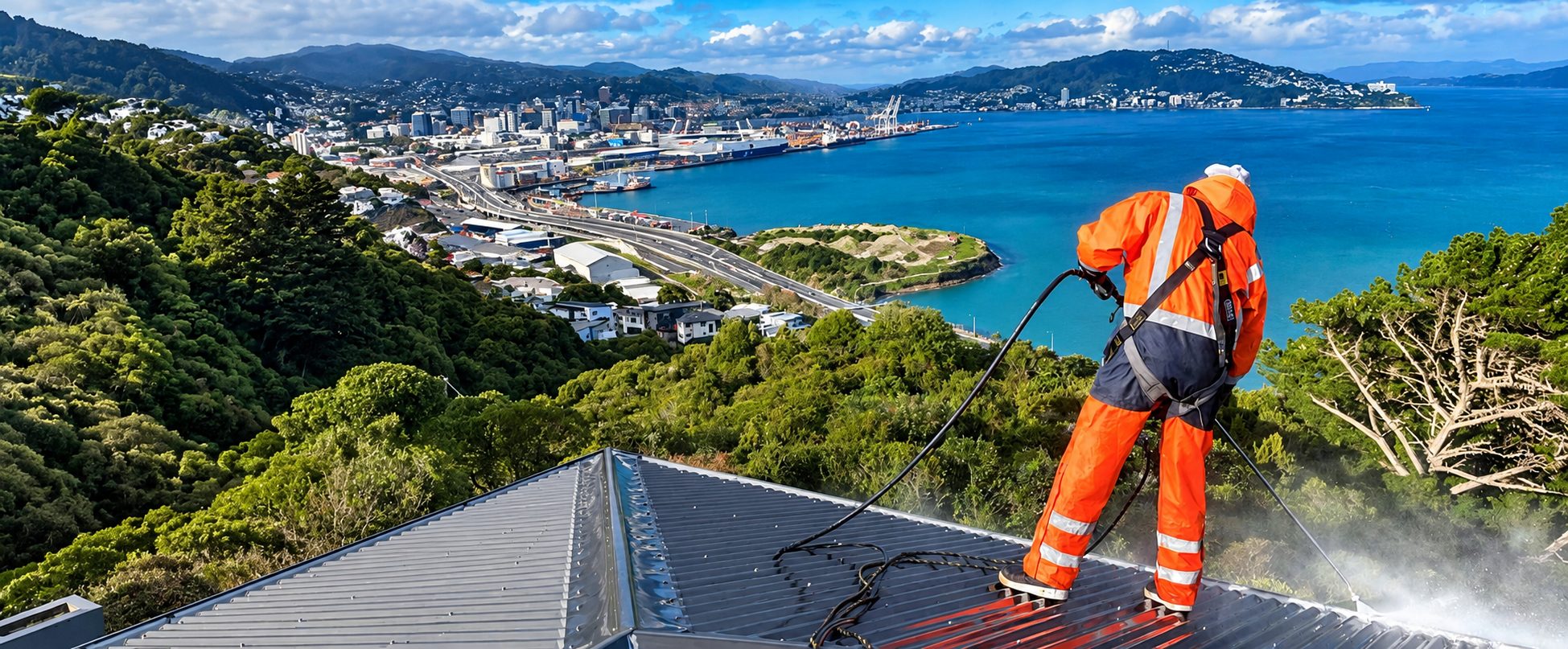 ProWash Wellington technician cleaning a roof above Wellington harbour